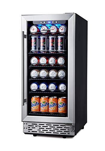 Beverage Refrigerator, Phiestina15 inch 96 Cans Built-in or Freestanding Beverage Cooler Mini Fridge with Auto Defrost,Glass Door & 6 Removable Shelves for Home Bar Office