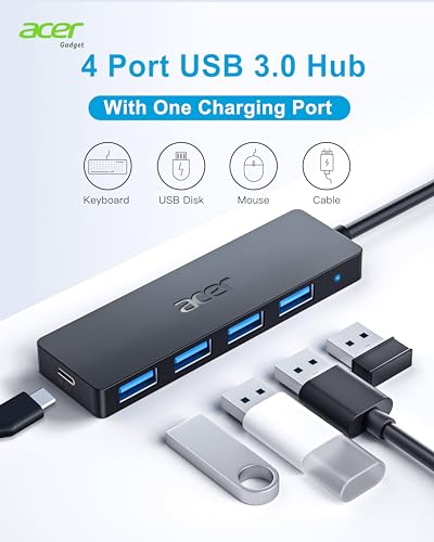 Acer USB Hub, 4 Ports Multiple USB 3.0 Hub, USB Data Hub for Laptop with USB C Power Port, USB Extender for A Port Laptop, Windows, Linux, Acer PC, and More(0.7ft)