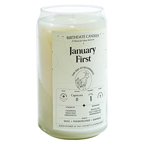 Birthdate Candles, January 1 - Capricorn Zodiac Scented Candles Birthday Gift - Sage, Frankincense & Oakmoss Scent - All-Natural Soy & Coconut Wax, 60-80 Hour Burn Time - Made in USA