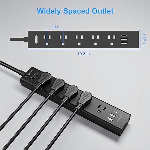 2 Pack Power Strip Surge Protector-5 Widely Spaced Outlets 3 USB Ports(1 USB C Port),1250W/10A with 5Ft Extension Cord, Power Strips with Surge Protection, Wall Mount for Home Office,Black