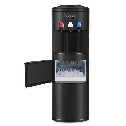 ICEPURE 3-in-1 Water Cooler Dispenser with Built-in Ice Maker, Hot/Cold/Room Temp Water and Bullet Ice, Top Loading 2, 3 or 5 Gallon Water Dispenser, 26.5 Lbs/24H Ice Maker, Child Safety Lock, Black