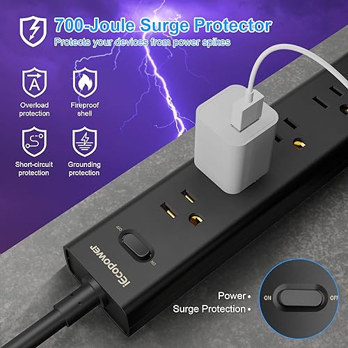 2 Pack Power Strip Surge Protector-5 Widely Spaced Outlets 3 USB Ports(1 USB C Port),1250W/10A with 5Ft Extension Cord, Power Strips with Surge Protection, Wall Mount for Home Office,Black