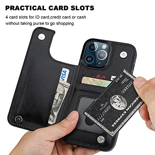 ONETOP Compatible with iPhone 13 Pro Max Wallet Case with Card Holder,PU Leather Kickstand Card Slots Case, Double Magnetic Clasp and Durable Shockproof Cover 6.7 Inch(Black)