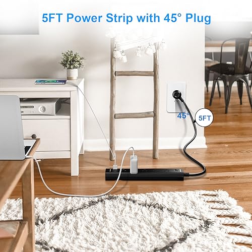 2 Pack Power Strip Surge Protector-5 Widely Spaced Outlets 3 USB Ports(1 USB C Port),1250W/10A with 5Ft Extension Cord, Power Strips with Surge Protection, Wall Mount for Home Office,Black