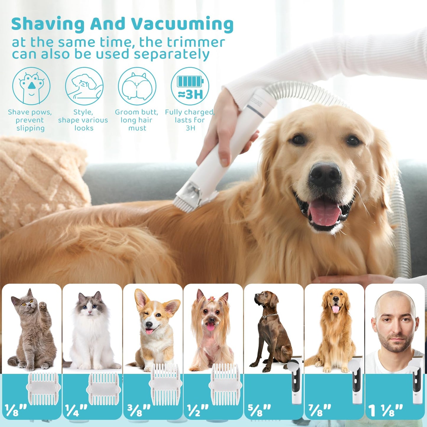 Mitiso Dog Grooming Vacuum Kit, 2L Pet Hair Vacuum Cleaner Suction 99% Fur,Cat Clipper with 5 Accessories Trimmer,Brush,Slicker Comb,Deshedding Tool for Home,Couch,Shedding Groomer(Grey)