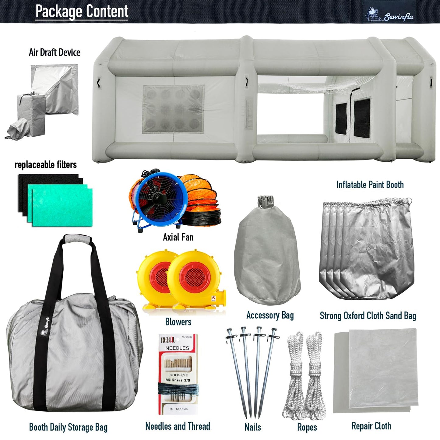 Sewinfla Professional Inflatable Paint Booth 26x13x10Ft with Air Extractor Device, Portable Spray Paint Booth with High Efficient Ventilation System for Cars, Auto Parts, Furnitures Painting