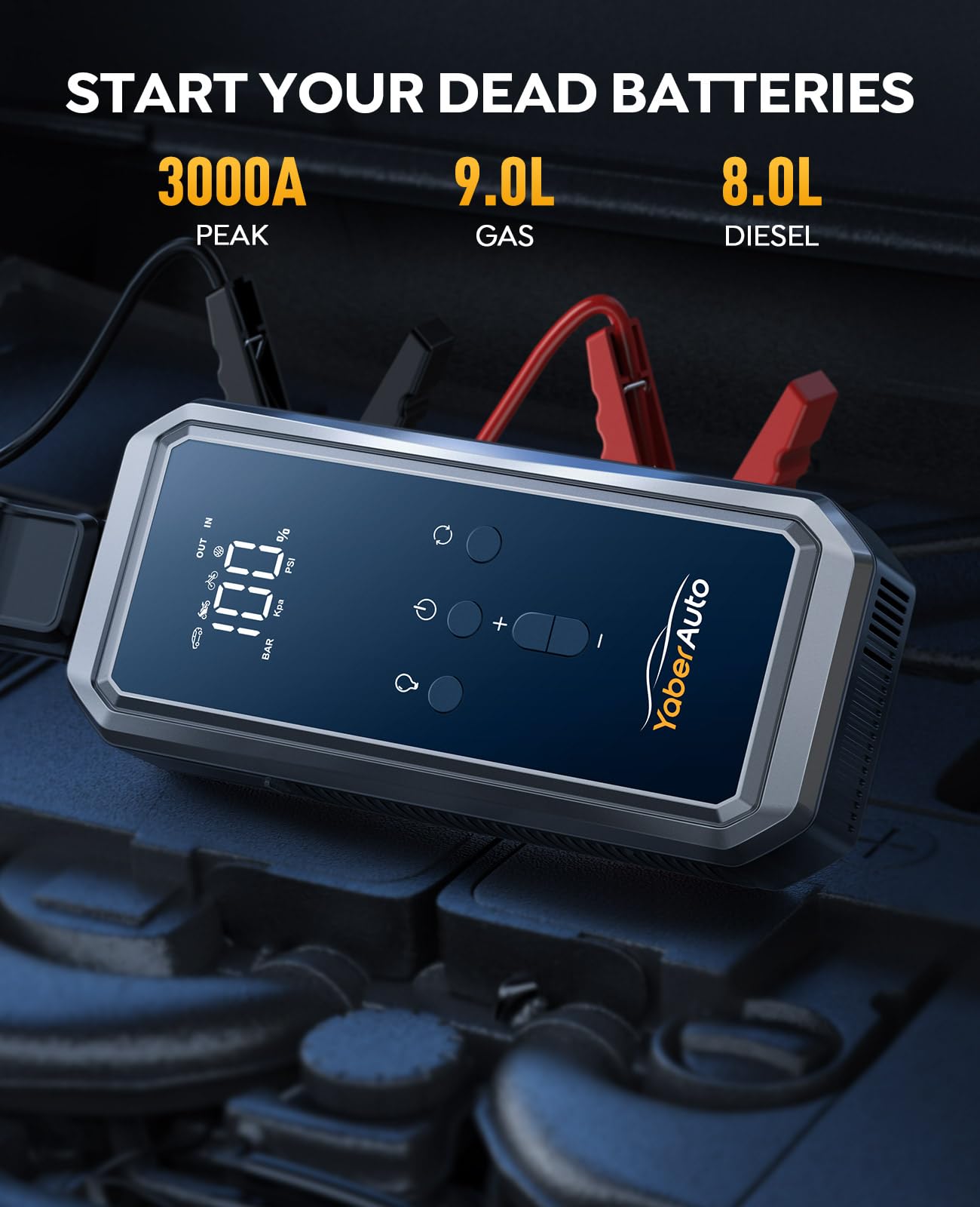 Portable Car Jump Starter with Air Compressor, YaberAuto 150PSI 3000A Car Battery Jump Starter (9.0 Gas/8.0L Diesel), 12V Jump Box Car Battery Jumper Starter with Large LCD Display, Lights