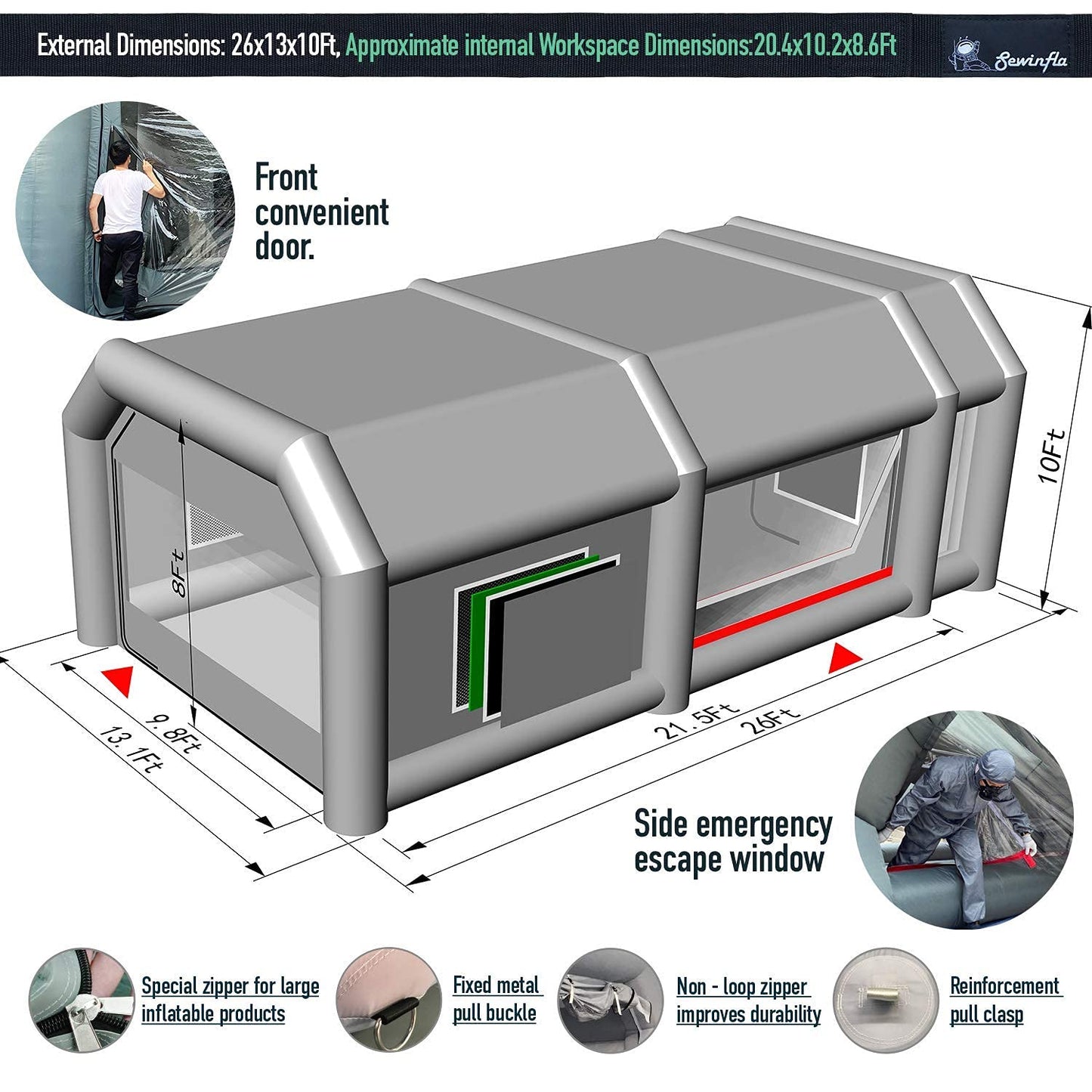 Sewinfla Professional Inflatable Paint Booth 26x13x10Ft with Air Extractor Device, Portable Spray Paint Booth with High Efficient Ventilation System for Cars, Auto Parts, Furnitures Painting