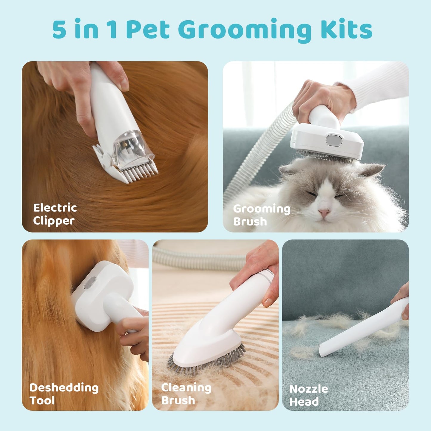 Mitiso Dog Grooming Vacuum Kit, 2L Pet Hair Vacuum Cleaner Suction 99% Fur,Cat Clipper with 5 Accessories Trimmer,Brush,Slicker Comb,Deshedding Tool for Home,Couch,Shedding Groomer(Grey)