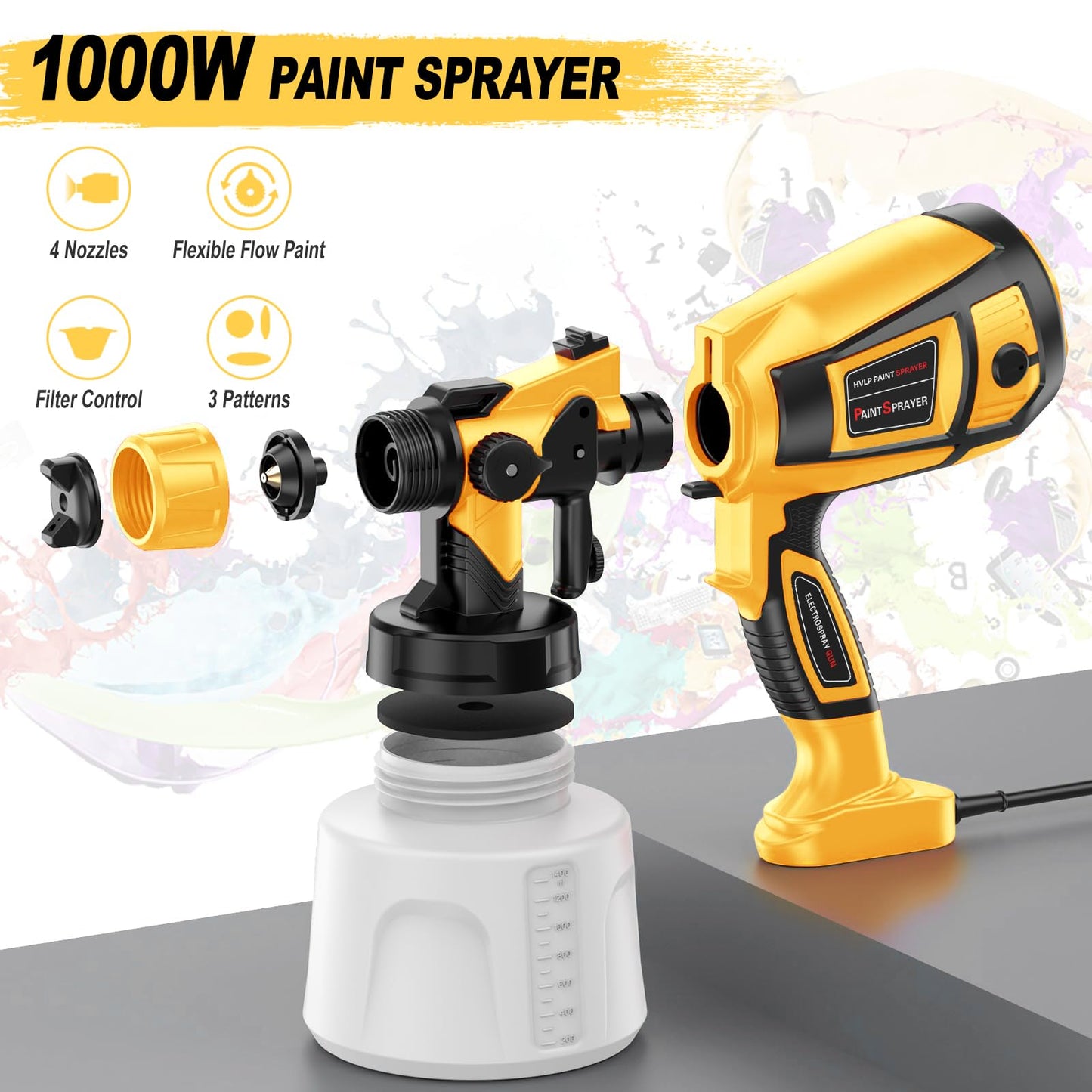 Paint-Sprayer-1000W-HVLP-High-Power-Electric-Spray-Paint-Gun 1400ml High Capacity Container Easy to Clean for Furniture Cabinets Fence Walls Door DIY Works Garden Chairs etc