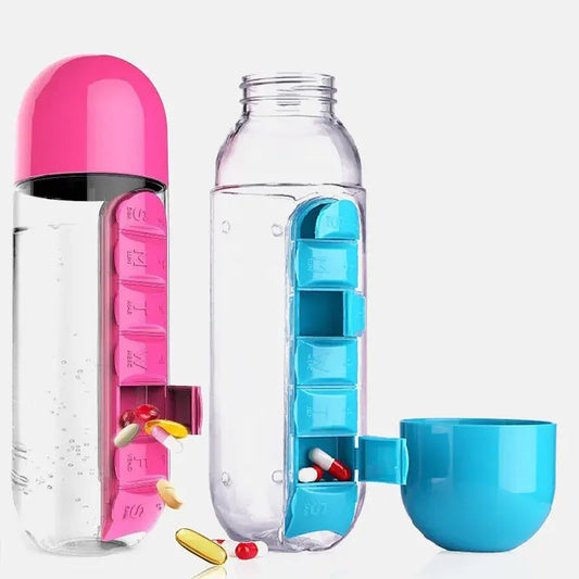2 in 1 600ml 7 Grids Medicine Box Water Cup Sports Plastic Water Bottle Combine Daily Pill Boxes Organizer Drinking Bottles